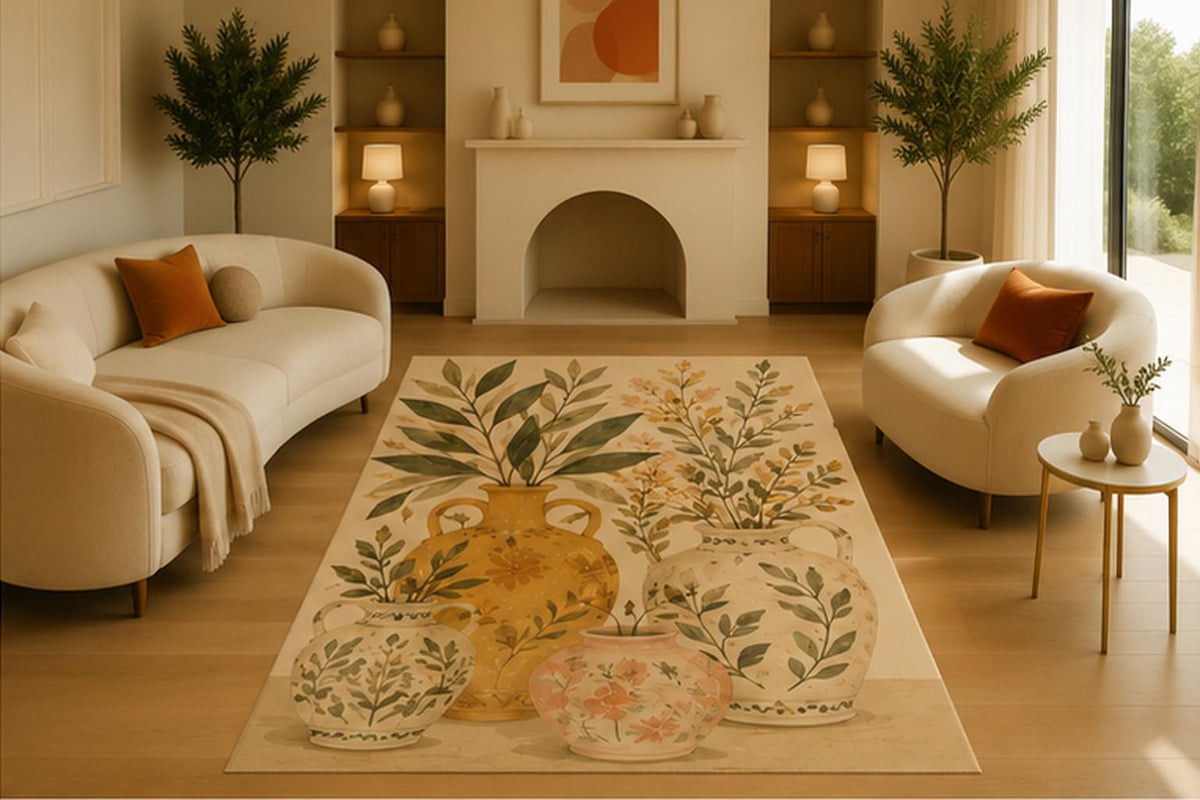 ICE ARMOR 5' x 7' Botanical Vase Area Rug for Living Room, Soft Low Pile Indoor Rug with Non-Slip Silicone Backing, Decorative Carpet for Bedroom, Dining Room, Office & Boho Decor, Beige