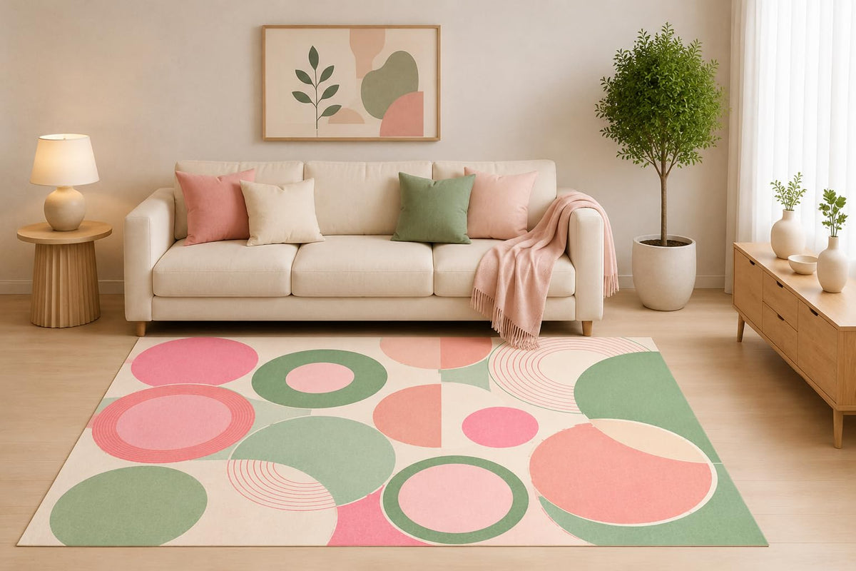 ICE ARMOR 5' x 7' Pastel Circle Area Rug, Pink Sage Green Abstract Geometric Pattern for Living Room Bedroom Nursery, Non-Slip Silicone Backing, Low Pile Carpet