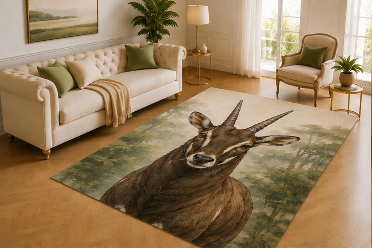 ICE ARMOR 5' x 7' Sable Antelope Rug, Majestic Horned Wildlife in Misty Woodland Art, Smooth Printed Floor Cover for Living Room, Bedroom, Office and Safari Decor