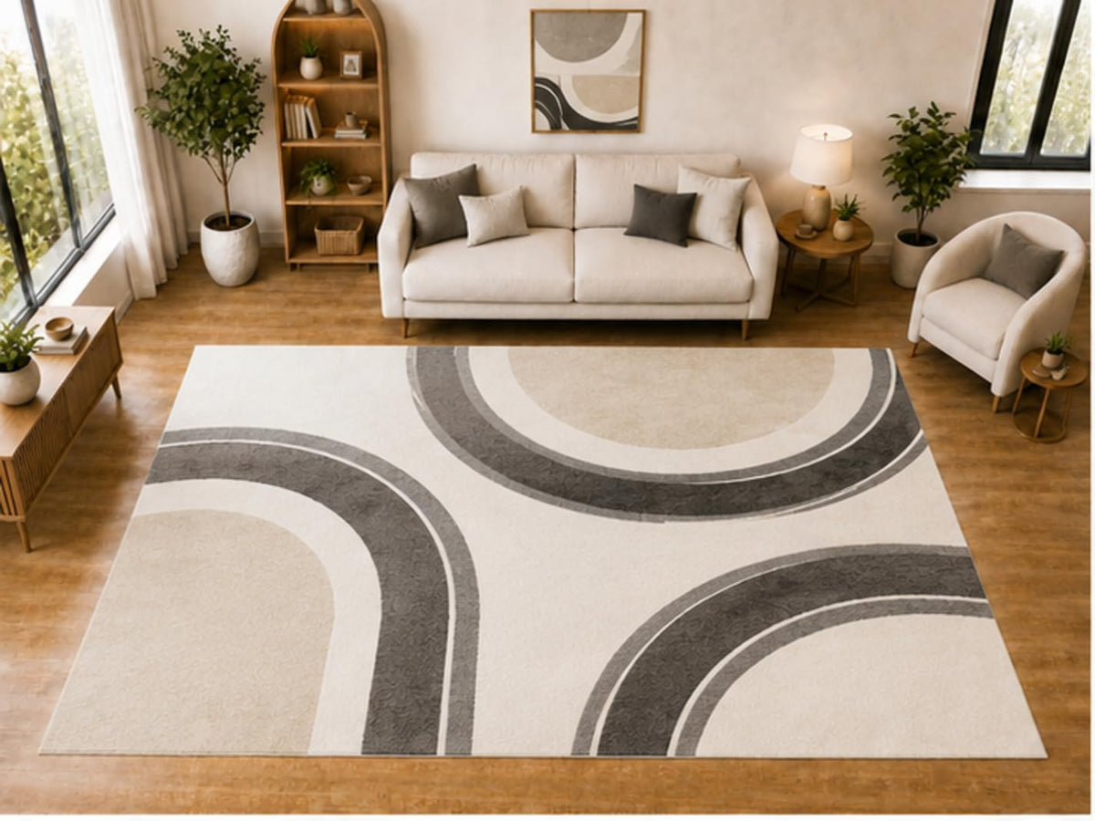 ICE ARMOR "Ultra Light Weight Large 6'7 x 9'10 Gray Layered Arc Pattern Area Rug for Living Room Bedroom Dining Room Soft Low Pile Indoor Carpet Modern Geometric Floor Decor