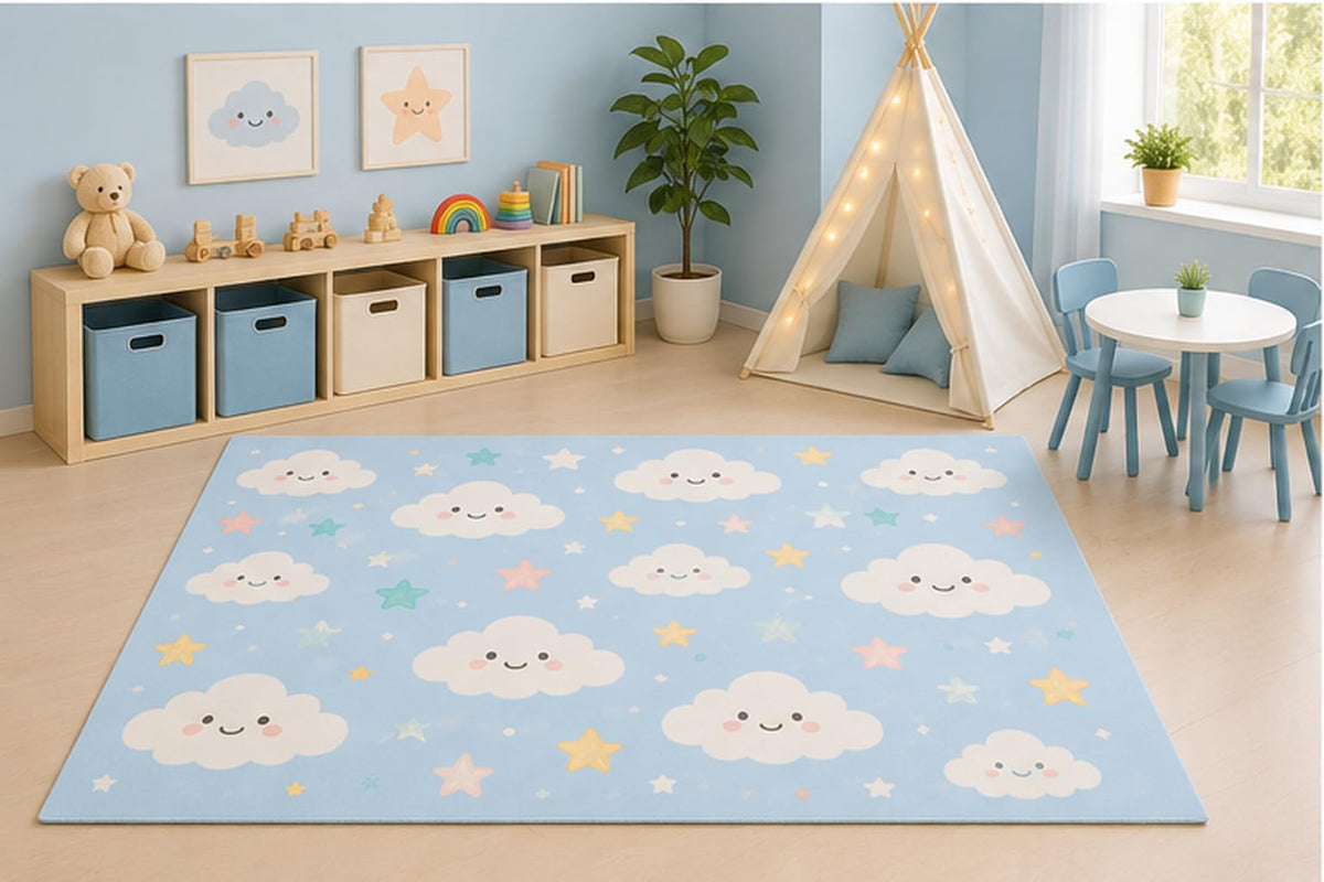 ICE ARMOR 5' x 7' Smiling Clouds Area Rug for Kids Playroom Nursery Bedroom, Cute White Clouds Stars Sky Kawaii Pastel Cartoon Decor, Non-Slip Silicone Backing Low Pile