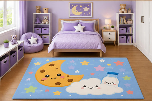 ICE ARMOR 5' x 7' Chocolate Chip Cookie Moon and Milk Area Rug for Kids Bedroom Nursery Playroom Scandinavian Minimalist Kawaii Celestial Decor Non-Slip Silicone Backing Low Pile