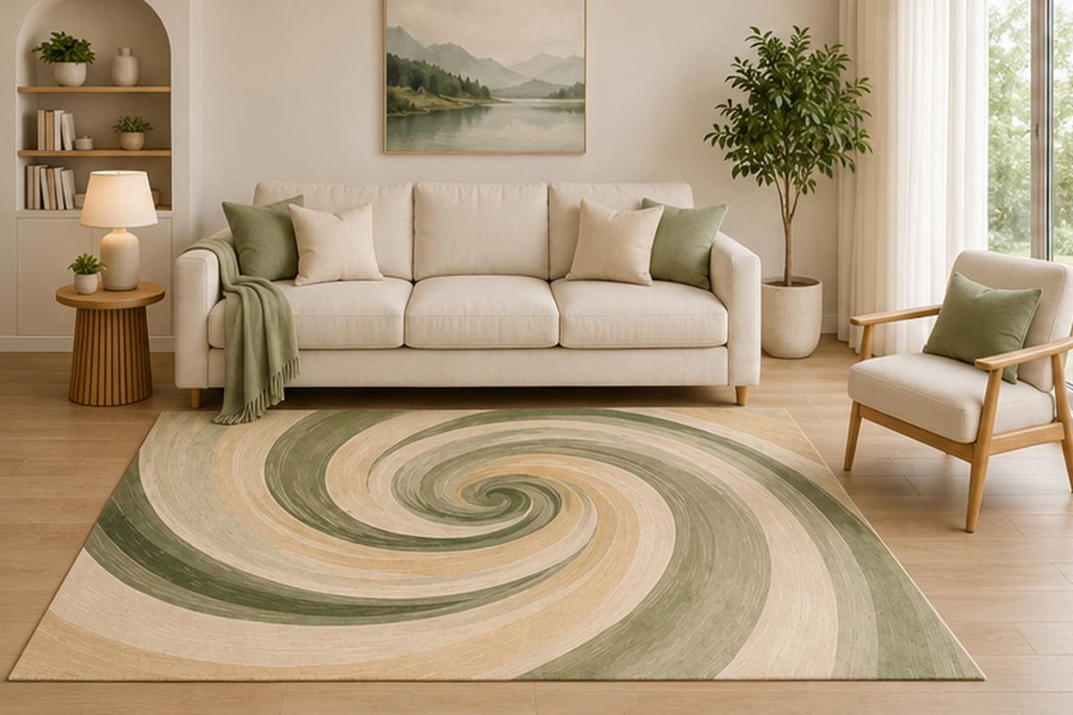 ICE ARMOR 5' x 7' Spiral Abstract Area Rug, Sage Green Beige Modern Swirl Art Design for Living Room Bedroom Office, Non-Slip Silicone Backing, Low Pile Carpet