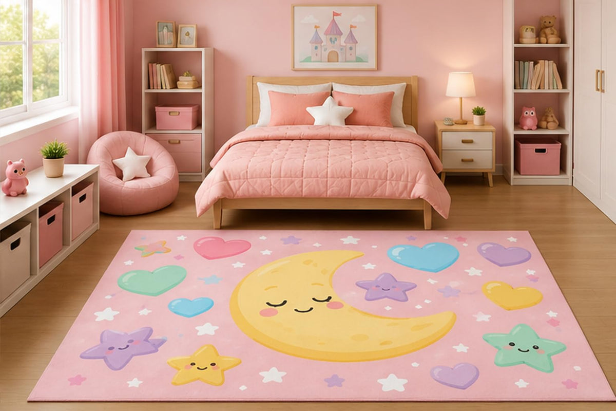 ICE ARMOR 5' x 7' Sleeping Moon Hearts and Stars Area Rug for Girls Bedroom Nursery Playroom Scandinavian Minimalist Celestial Decor Non-Slip Silicone Backing Low Pile
