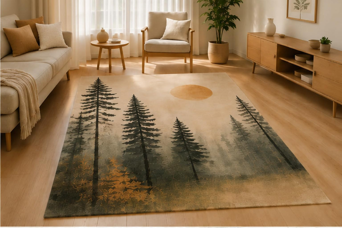 ICE ARMOR 5' x 7' Pine Forest Mist Area Rug Soft Low Pile Indoor Rug with Non-Slip Silicone Backing Woodland Nature Carpet for Living Room Bedroom Dining Room Office Family Room Green Beige
