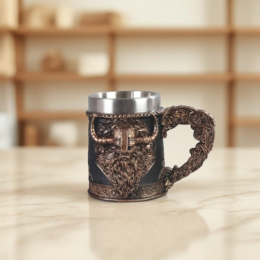 ICE ARMOR 6.5"W Viking Warrior Horned Helmet Stainless Steel/Resin Beer Mug Tankard – Vintage Drinkware Cup for Beer, Coffee, Juice, Ale & Beverages, Rustic Barware (Wash by hand only)