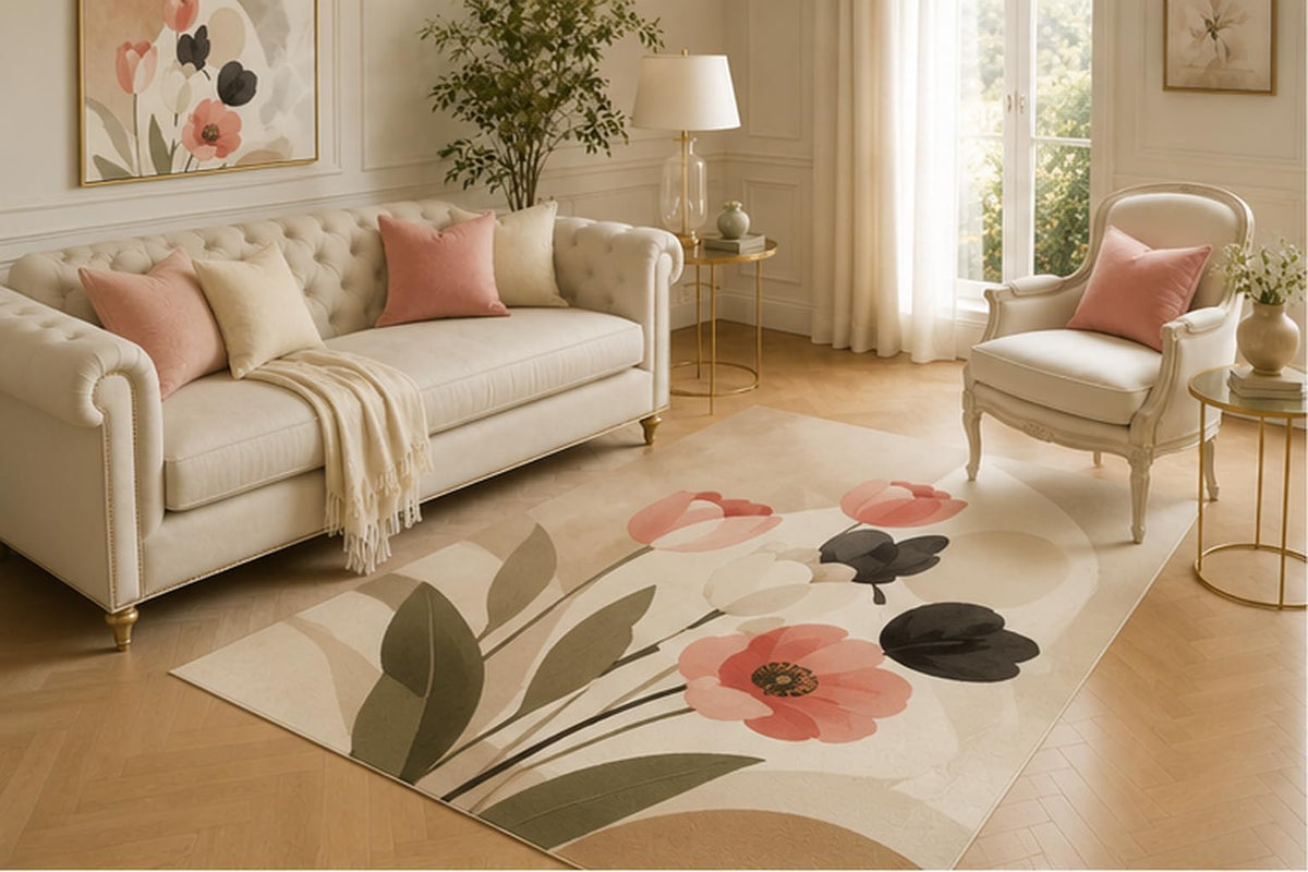 ICE ARMOR 5' x 7' Modern Tulip Floral Area Rug for Living Room, Soft Low Pile Indoor Carpet with Non-Slip Backing for Bedroom, Dining Room, Office, Coral