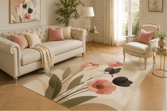 ICE ARMOR 5' x 7' Modern Tulip Floral Area Rug for Living Room, Soft Low Pile Indoor Carpet with Non-Slip Backing for Bedroom, Dining Room, Office, Coral
