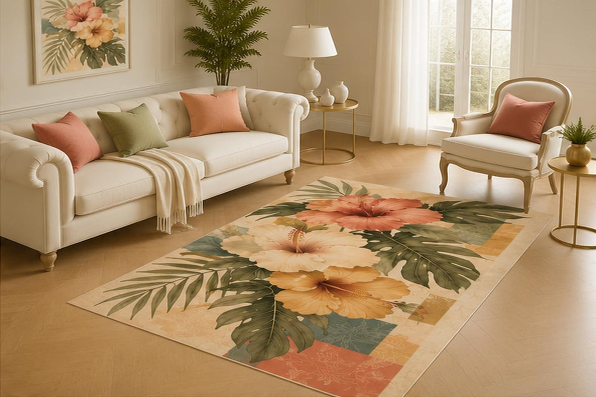 ICE ARMOR 5' x 7' Tropical Hibiscus Collage Area Rug for Living Room, Soft Low Pile Indoor Mat with Non-Slip Silicone Backing for Bedroom, Patio, Office, Kids and Pets