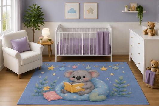 ICE ARMOR 5' x 7' Watercolor Koala Reading Book Nursery Area Rug, Cute Animal Storytime Kids Bedroom Playroom Reading Corner Decor Carpet, Non-Slip Silicone Backing Low Pile