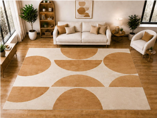 ICE ARMOR "Ultra Light Weight Large 6'7 x 9'10 Tan Semicircle Geometric Pattern Area Rug for Living Room Bedroom Dining Room Soft Low Pile Indoor Carpet Modern Minimalist Floor Decor