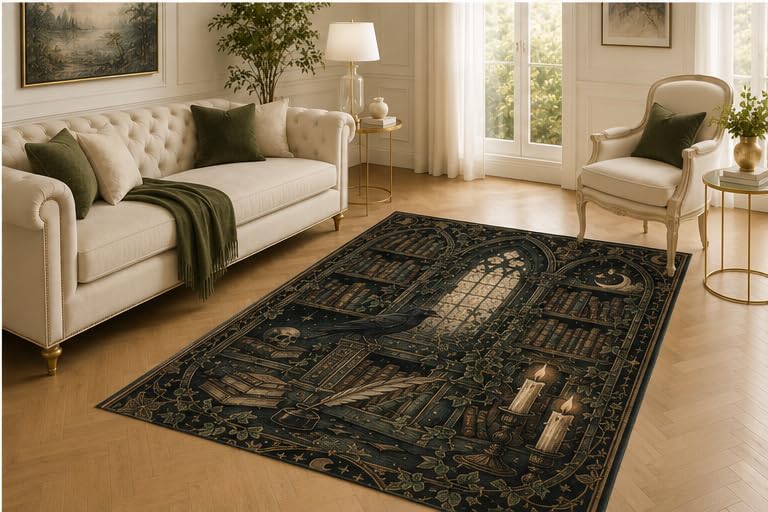 ICE ARMOR 5' x 7' Midnight Library Rug, Arched Window Book and Candle Artwork, Smooth Printed Floor Cover for Office, Reading Room, Lounge and Gothic Decor