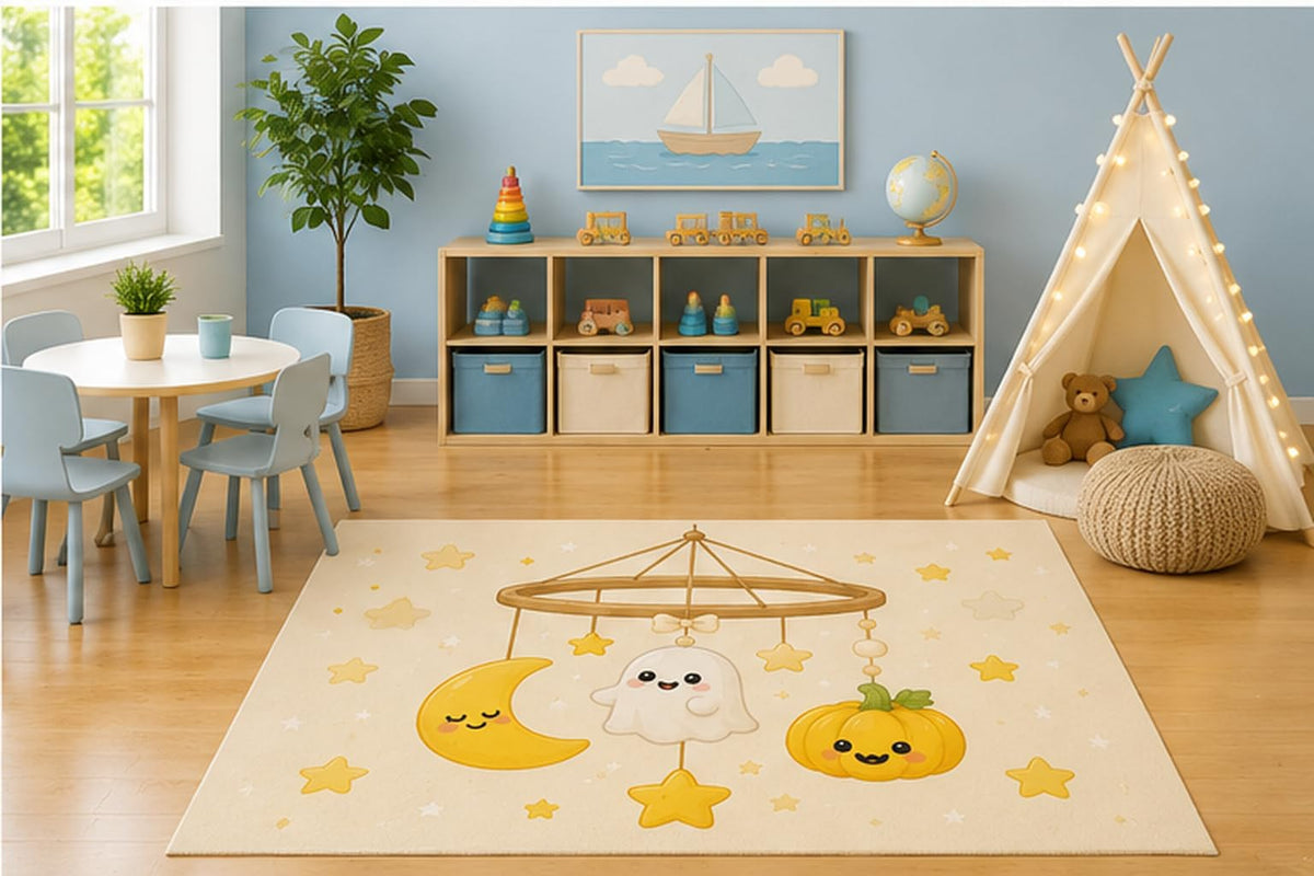 ICE ARMOR 5' x 7' Moon Ghost Pumpkin Mobile Kids Area Rug, Cute Nursery Mobile Crescent Moon Ghost Pumpkin Stars Kawaii Cartoon Playroom Bedroom Decor, Non-Slip Silicone Backing Low Pile