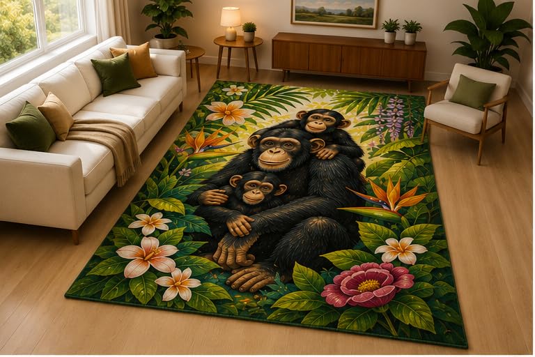 ICE ARMOR 5' x 7' Chimpanzee Jungle Family Area Rug Soft Low Pile Indoor Rug with Non Slip Silicone Backing Tropical Animal Decor Carpet for Living Room Bedroom Family Room Kids and Pets Green