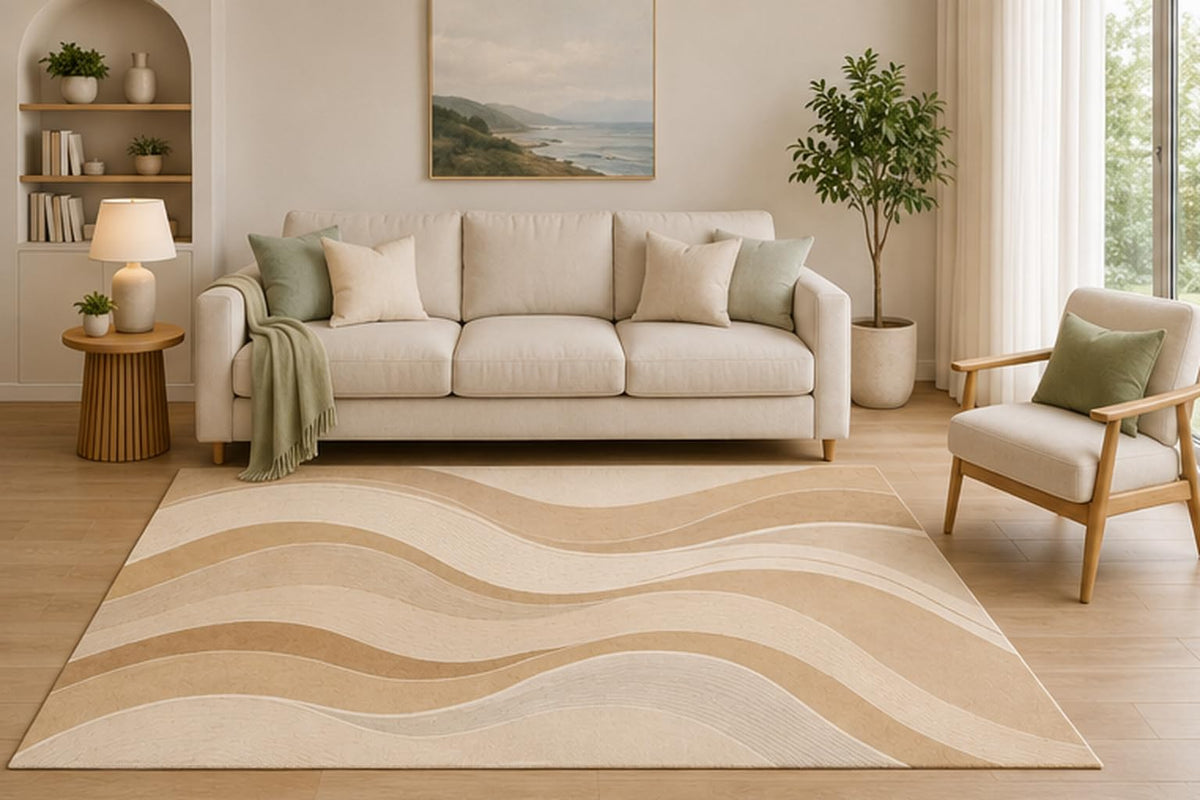 ICE ARMOR 5' x 7' Neutral Wave Area Rug, Beige Modern Abstract Curved Line Design for Living Room Bedroom Office, Non-Slip Silicone Backing, Low Pile Carpet