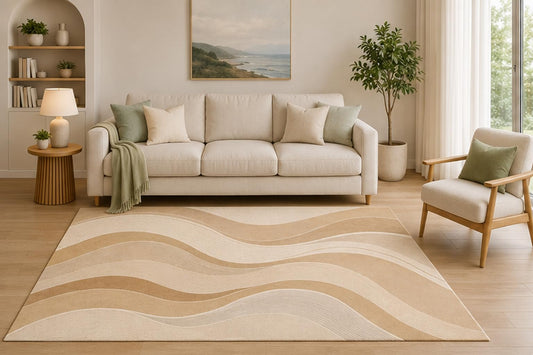 ICE ARMOR 5' x 7' Neutral Wave Area Rug, Beige Modern Abstract Curved Line Design for Living Room Bedroom Office, Non-Slip Silicone Backing, Low Pile Carpet