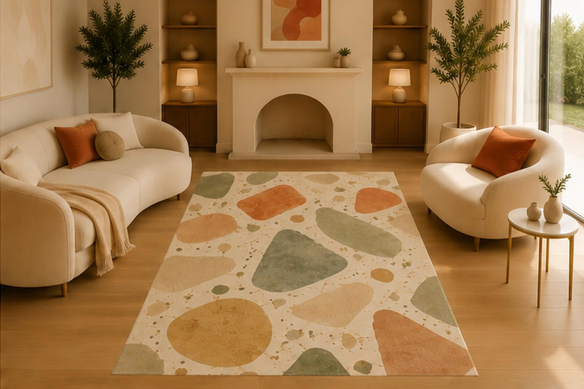ICE ARMOR 5' x 7' Abstract Pebble Terrazzo Area Rug, Soft Low Pile Indoor Rug with Non-Slip Silicone Backing, Decorative Carpet for Living Room, Bedroom, Neutral