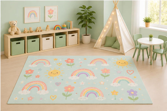 ICE ARMOR 5' x 7' Pastel Rainbow Area Rug for Kids Playroom Nursery Bedroom, Cute Rainbows Flowers Smiling Sun Hearts Kawaii Cartoon Classroom Decor, Non-Slip Silicone Backing Low Pile