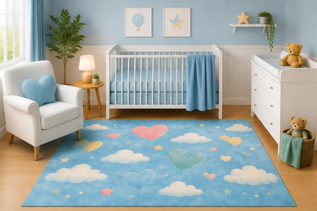 ICE ARMOR 5' x 7' Pastel Hearts and Clouds Area Rug for Nursery Room, Watercolor Floating Hearts Clouds Stars Dreamy Sky Design for Baby Girl Bedroom, Non-Slip Silicone Backing Low Pile