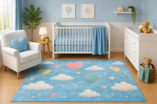 ICE ARMOR 5' x 7' Pastel Hearts and Clouds Area Rug for Nursery Room, Watercolor Floating Hearts Clouds Stars Dreamy Sky Design for Baby Girl Bedroom, Non-Slip Silicone Backing Low Pile