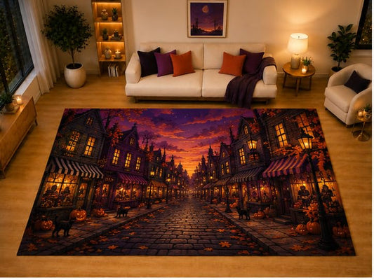 ICE ARMOR "Ultra Light Weight Large 6'7" x 9'10" Gothic Halloween Street Area Rug for Living Room Bedroom Dining Area, Soft Low Pile Non-Slip Backing, Black Orange Purple Autumn Decor