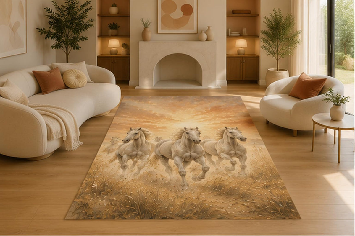 ICE ARMOR 5' x 7' Running White Horses Area Rug, Soft Low Pile Non-Slip Indoor Carpet for Living Room, Bedroom, Office, Ranch House, Family Room and Western Home Decor, Beige
