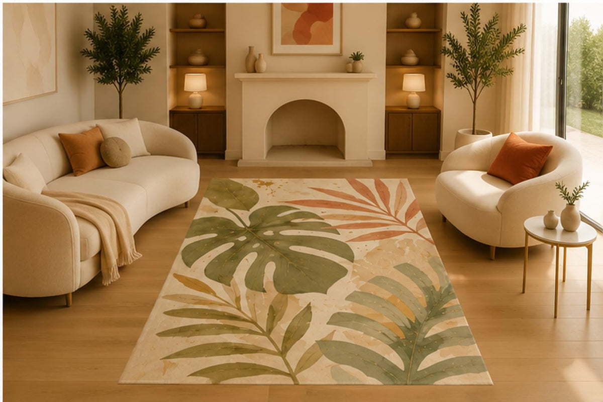 ICE ARMOR 5' x 7' Tropical Monstera Palm Leaves Area Rug, Soft Low Pile Indoor Rug with Non-Slip Silicone Backing, Decorative Carpet for Living Room, Bedroom, Green Beige