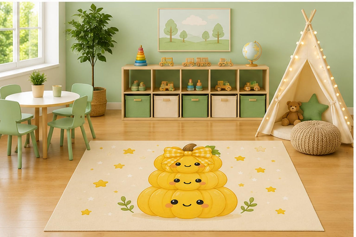 ICE ARMOR 5' x 7' Stacked Smiling Pumpkins Kids Area Rug, Cute Yellow Pumpkin Tower Bow Kawaii Cartoon Playroom Nursery Bedroom Baby Room Decor, Non-Slip Silicone Backing Low Pile