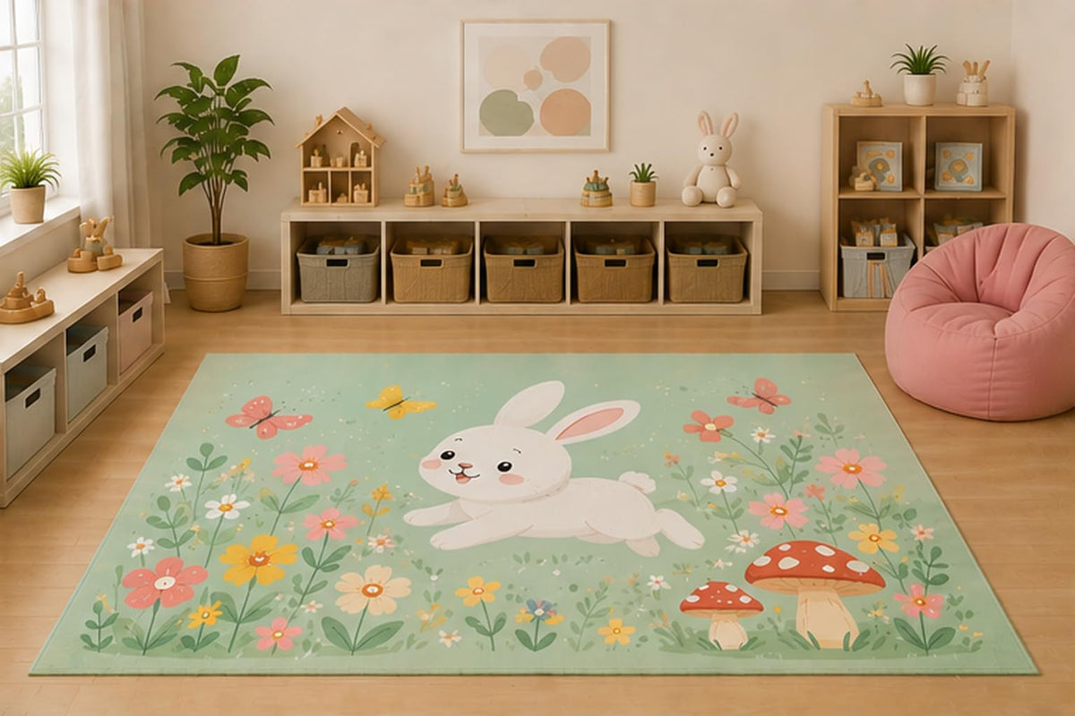 ICE ARMOR 5' x 7' Bunny Wildflower Meadow Area Rug for Kids Playroom Nursery Bedroom, Pastel Rabbit Butterfly Mushroom Garden Cartoon Carpet, Non-Slip Silicone Backing Low Pile