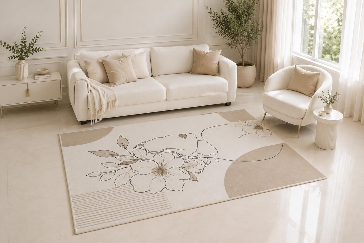 ICE ARMOR 5' x 7' Minimalist Floral Line Art Area Rug, Abstract Woman Face Beige Botanical Design for Living Room Bedroom Office, Non-Slip Silicone Backing Low Pile