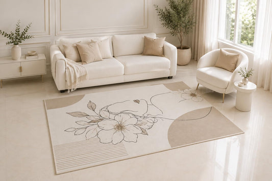ICE ARMOR 5' x 7' Minimalist Floral Line Art Area Rug, Abstract Woman Face Beige Botanical Design for Living Room Bedroom Office, Non-Slip Silicone Backing Low Pile