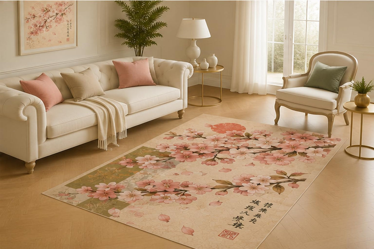 ICE ARMOR 5' x 7' Cherry Blossom Scroll Area Rug for Living Room, Soft Low Pile Floor Mat with Non-Slip Silicone Backing for Bedroom, Tea Room, Office, Kids and Pets