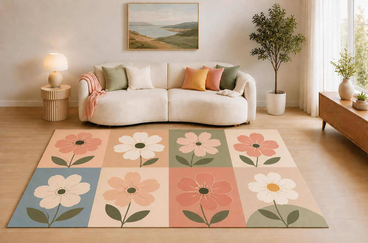 ICE ARMOR 5' x 7' Floral Grid Area Rug, Pastel Wildflower Botanical Panel Design for Living Room Bedroom Nursery, Non-Slip Silicone Backing, Low Pile Carpet