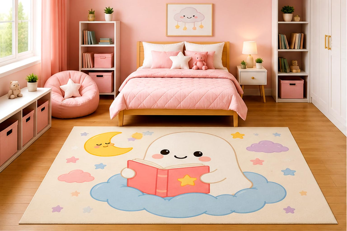 ICE ARMOR 5' x 7' Cute Ghost Reading Storybook Area Rug for Kids Bedroom Nursery Playroom Scandinavian Minimalist Kawaii Halloween Decor Non-Slip Silicone Backing Low Pile