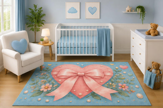 ICE ARMOR 5' x 7' Watercolor Heart Bow Floral Nursery Area Rug, Blue Pink Botanical Baby Girl Bedroom Playroom Decor Carpet, Non-Slip Silicone Backing Low Pile