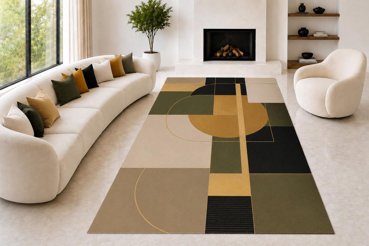 ICE ARMOR "Ultra Lightweight Large 6'7" x 9'10" Modern Block Grid Area Rug for Living Room, Bedroom and Home Office, Soft Low Pile Carpet with Non-Slip Silicone Backing, Olive and Tan