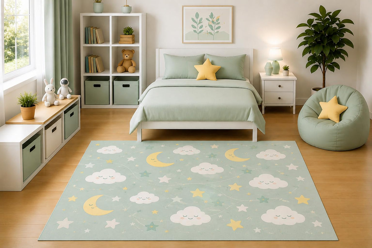 ICE ARMOR 5' x 7' Cute Moon Clouds and Stars Area Rug Pastel Celestial Nursery Kids Bedroom Playroom Decor for Boys and Girls Non-Slip Silicone Backing Low Pile