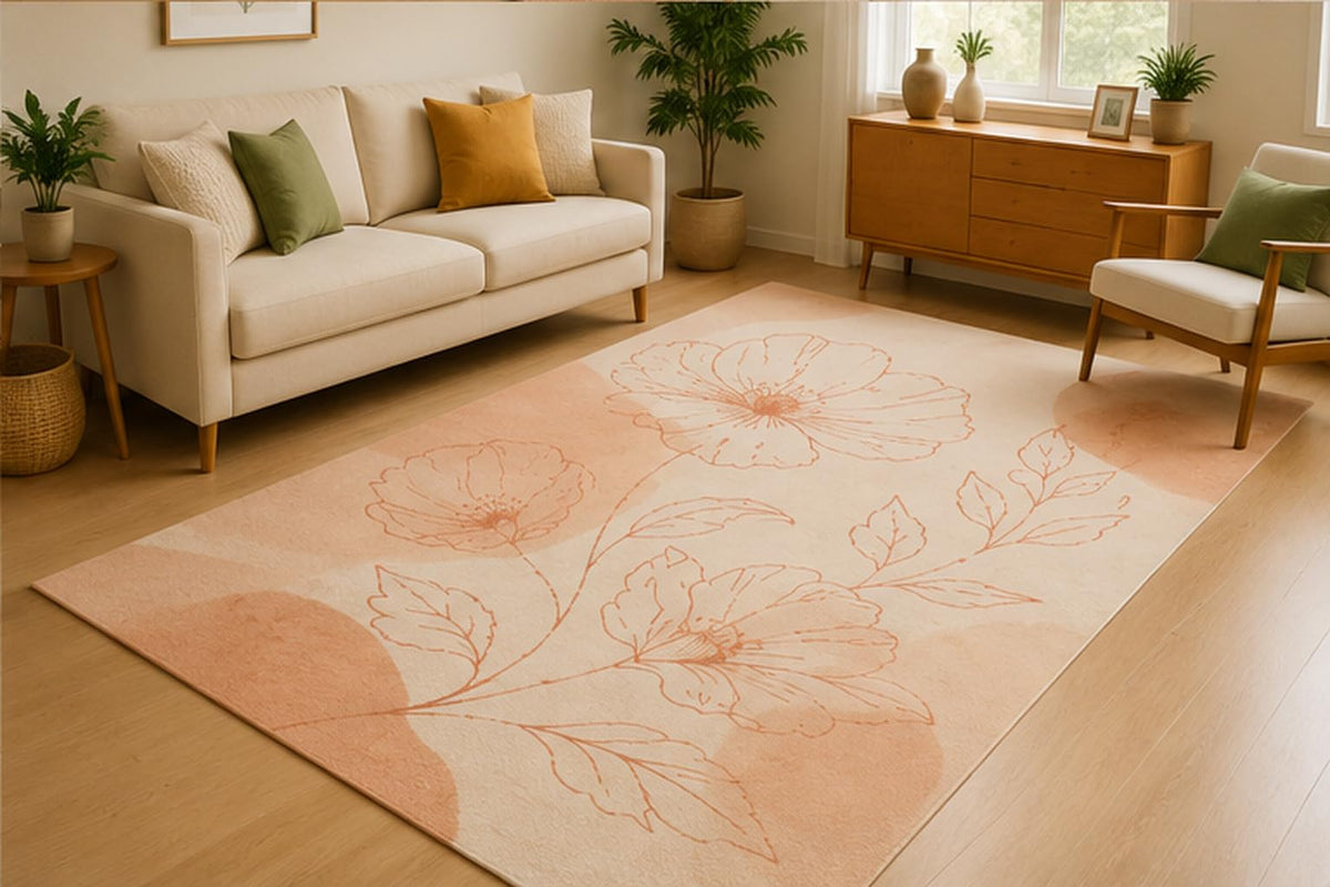 ICE ARMOR 5' x 7' Minimal Floral Bloom Area Rug for Living Room, Soft Low Pile Indoor Rug with Non-Slip Silicone Backing, Botanical Carpet for Bedroom, Office, Family Room, Blush Peach Ivory
