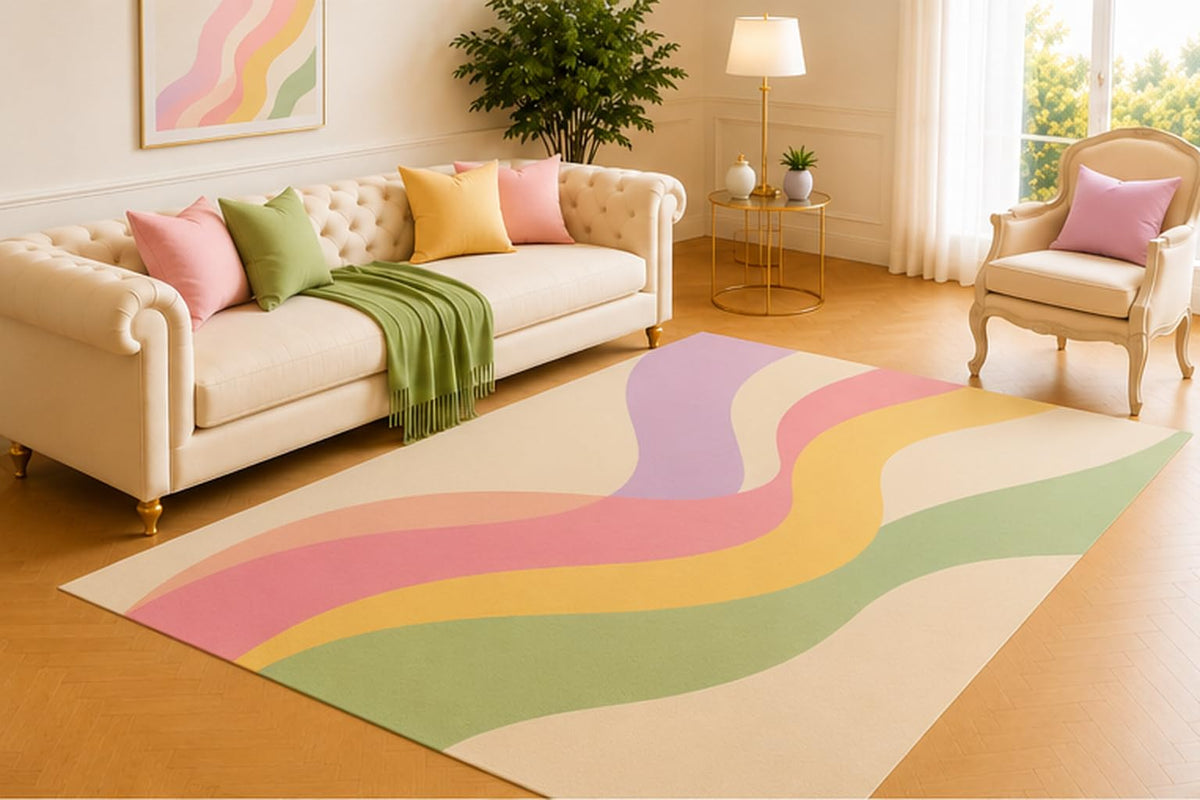 ICE ARMOR 5' x 7' Flowing Ribbon Area Rug, Modern Curved Stripe Design in Pink Lavender Sage Green Yellow and Cream, Soft Low Pile Carpet for Living Room Bedroom