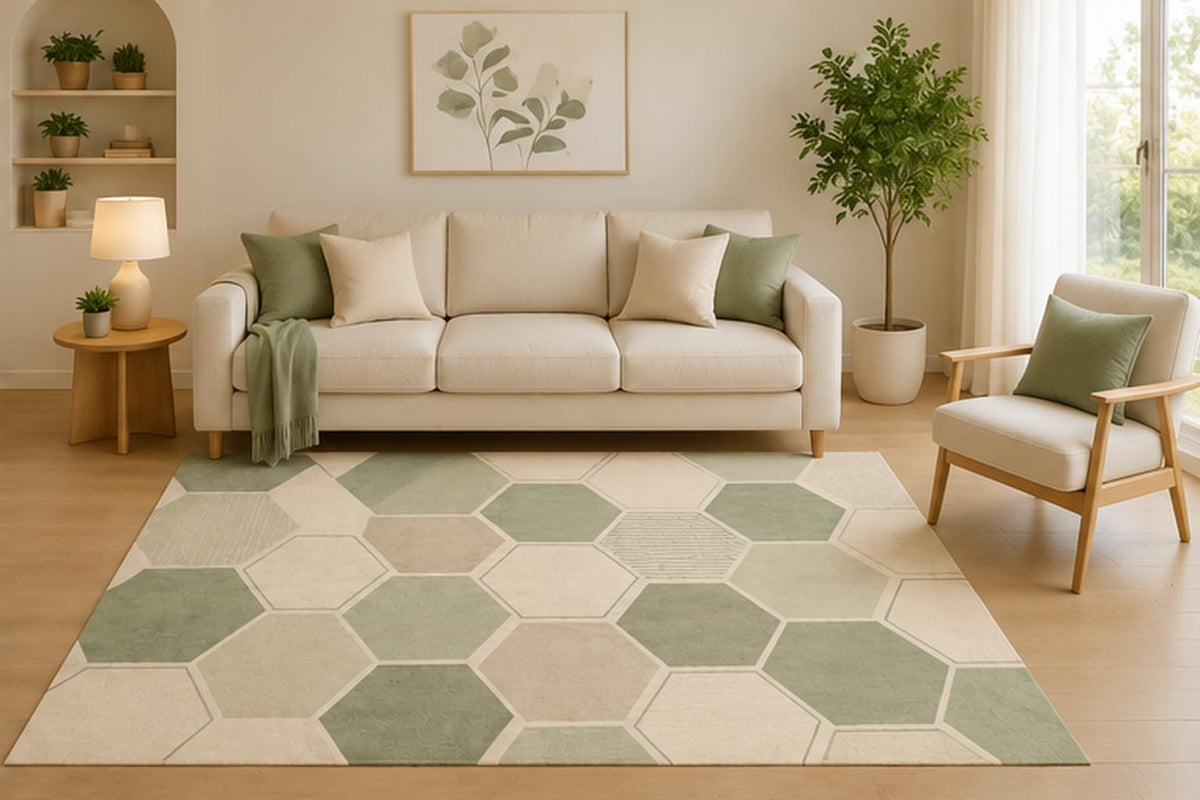 ICE ARMOR 5' x 7' Hexagon Geometric Area Rug, Sage Green Modern Minimalist Pattern for Living Room Bedroom Office, Non-Slip Silicone Backing, Low Pile Carpet