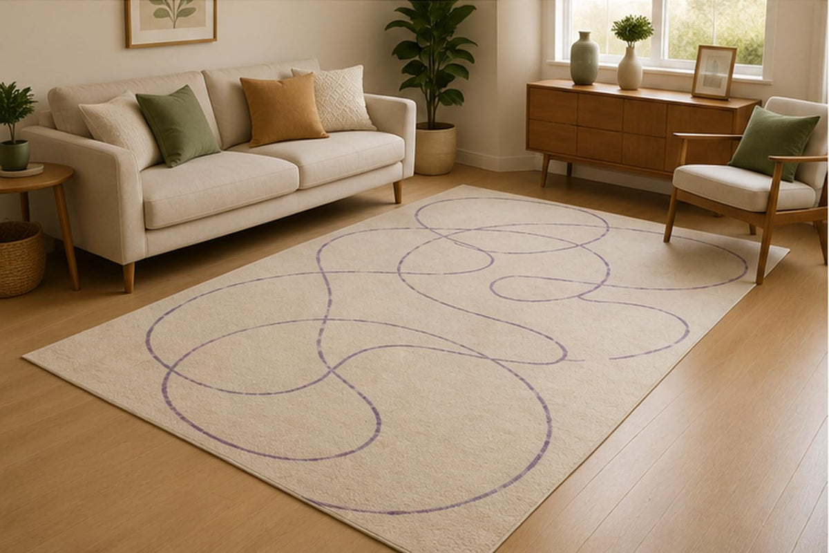 ICE ARMOR 5' x 7' Abstract Continuous Line Area Rug for Living Room, Soft Low Pile Indoor Rug with Non-Slip Silicone Backing, Modern Decorative Carpet for Bedroom, Office, Family Room, Lavender Ivory