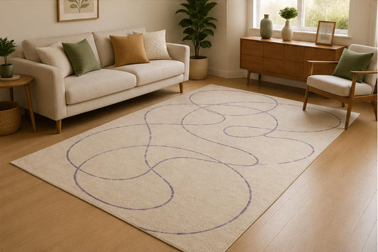 ICE ARMOR 5' x 7' Abstract Continuous Line Area Rug for Living Room, Soft Low Pile Indoor Rug with Non-Slip Silicone Backing, Modern Decorative Carpet for Bedroom, Office, Family Room, Lavender Ivory