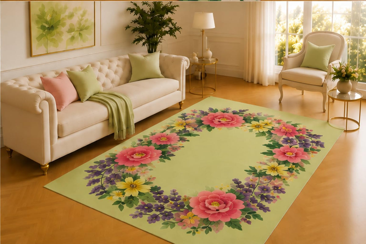 ICE ARMOR 5' x 7' Floral Wreath Rug, Pink Roses, Purple Sprigs and Yellow Flowers on a Soft Green Field, Lovely Floor Decor for Bedroom or Living Room