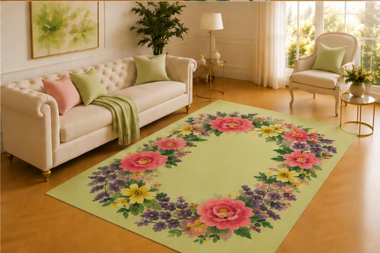 ICE ARMOR 5' x 7' Floral Wreath Rug, Pink Roses, Purple Sprigs and Yellow Flowers on a Soft Green Field, Lovely Floor Decor for Bedroom or Living Room