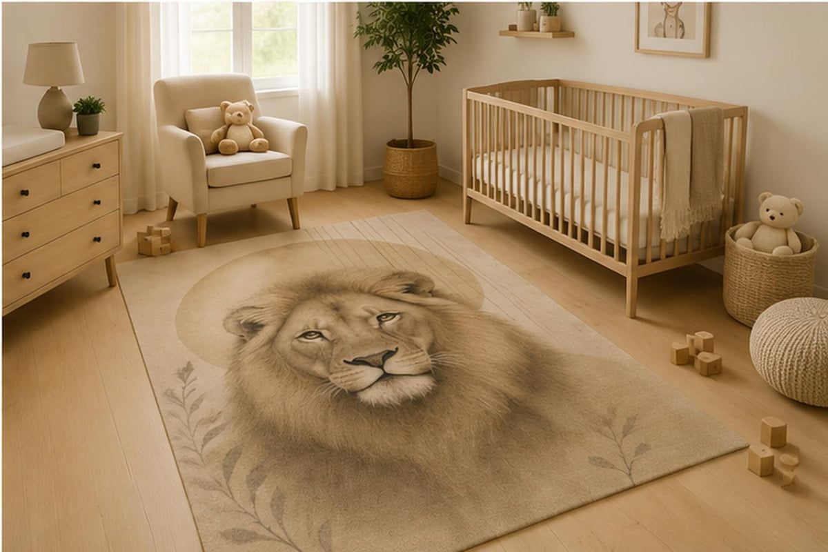 ICE ARMOR 5' x 7' Minimal Lion Area Rug Soft Low Pile Indoor Rug with Non-Slip Silicone Backing Safari Animal Decor Carpet for Living Room Bedroom Office Family Room Beige Brown