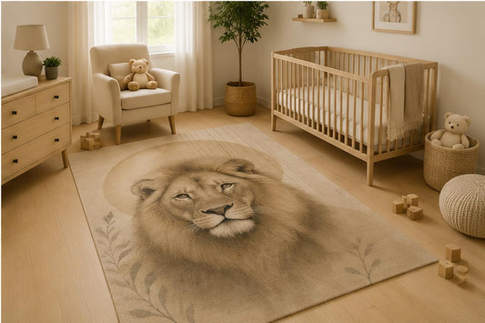 ICE ARMOR 5' x 7' Minimal Lion Area Rug Soft Low Pile Indoor Rug with Non-Slip Silicone Backing Safari Animal Decor Carpet for Living Room Bedroom Office Family Room Beige Brown