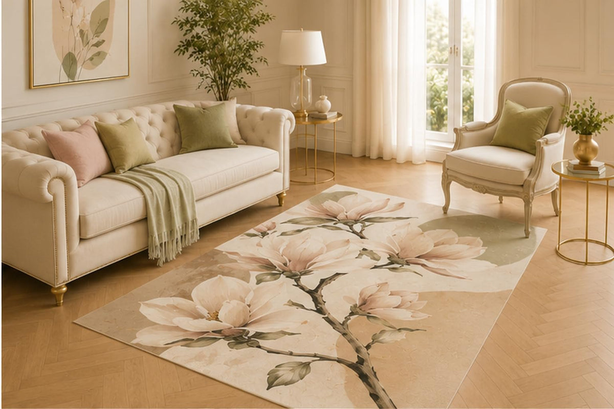 ICE ARMOR 5' x 7' Magnolia Blossom Botanical Area Rug for Living Room, Soft Low Pile Indoor Carpet with Non-Slip Backing for Bedroom, Dining Room, Office, Beige