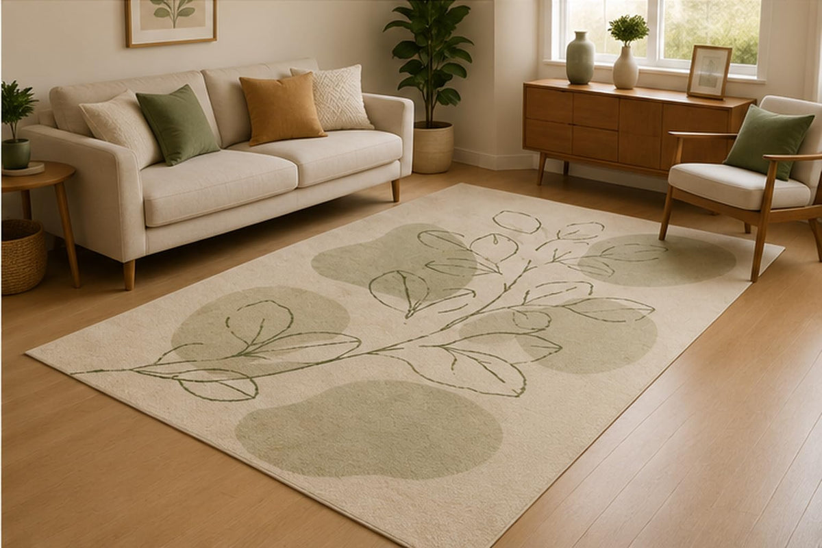 ICE ARMOR 5' x 7' Minimal Botanical Branch Area Rug for Living Room, Soft Low Pile Indoor Rug with Non-Slip Silicone Backing, Carpet for Bedroom, Nursery, Kids Room, Family Room, Sage Green Ivory