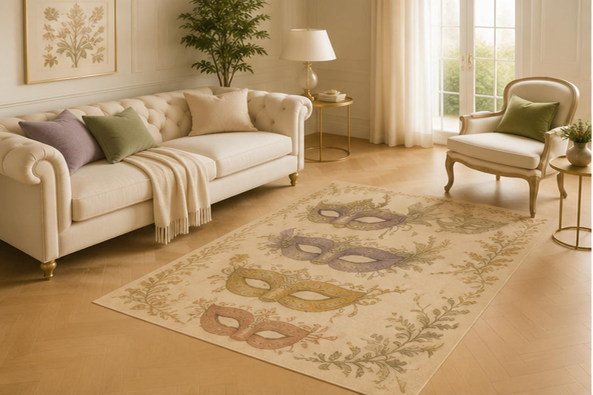 ICE ARMOR 5' x 7' Masquerade Mask Collection Area Rug for Living Room, Soft Low Pile Carpet with Non-Slip Silicone Backing for Bedroom, Dining Room, Office, Kids and Pets