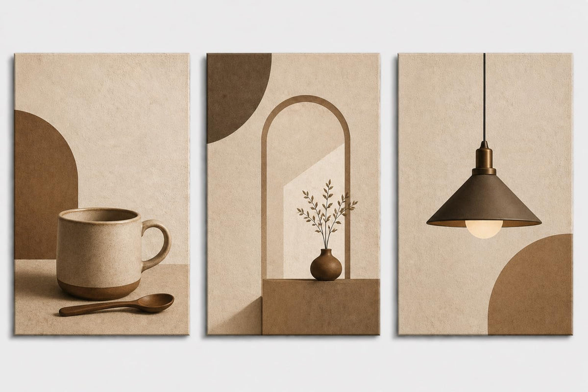 ICE ARMOR Large Set of 3 Minimalist Coffee Kitchen Wall Art Neutral Mug Vase Pendant Light Canvas Prints for Cafe Dining Room Decor 16x24 Inch Frameless Canvas Print - Ready to hang